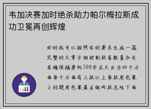 韦加决赛加时绝杀助力帕尔梅拉斯成功卫冕再创辉煌