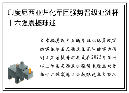 印度尼西亚归化军团强势晋级亚洲杯十六强震撼球迷